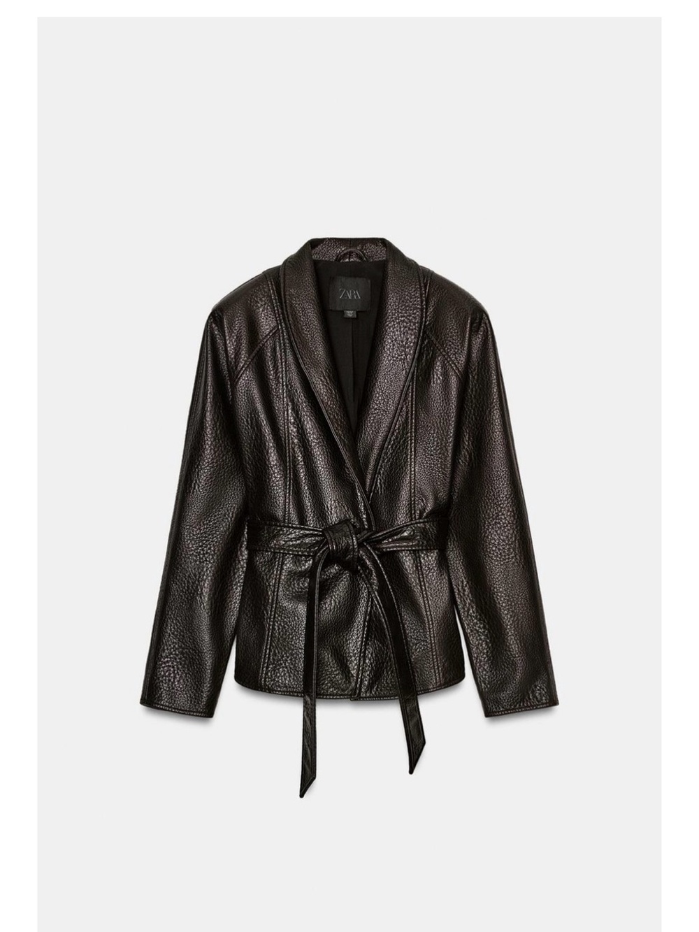 Zara leather effect belted leather jacket with textured pebbled finish, size XS